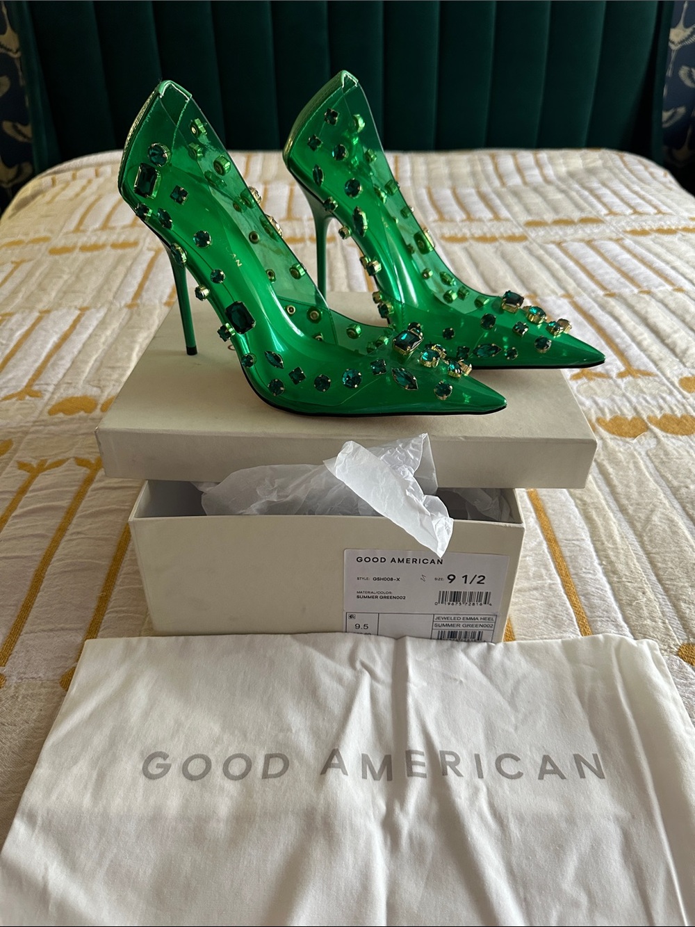 Good American Green Jeweled Emma heel in Summer Green